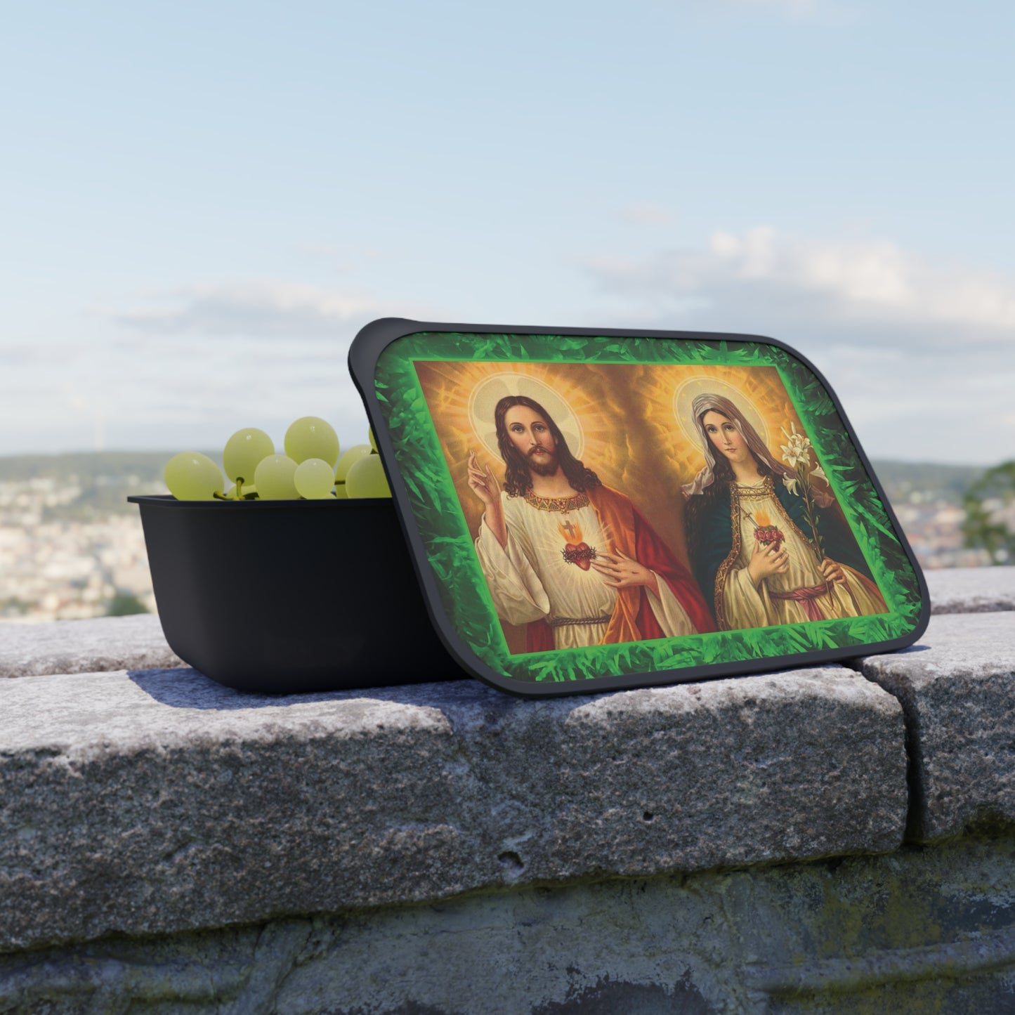 Bento Box with Utensils - Religious Tropical Glow Jesus and Mother Mary