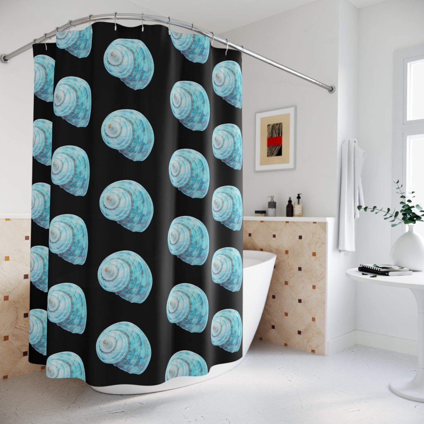Tropical Shower Curtain - Ocean Bathroom Decor / Jade Turbo Shell/Black