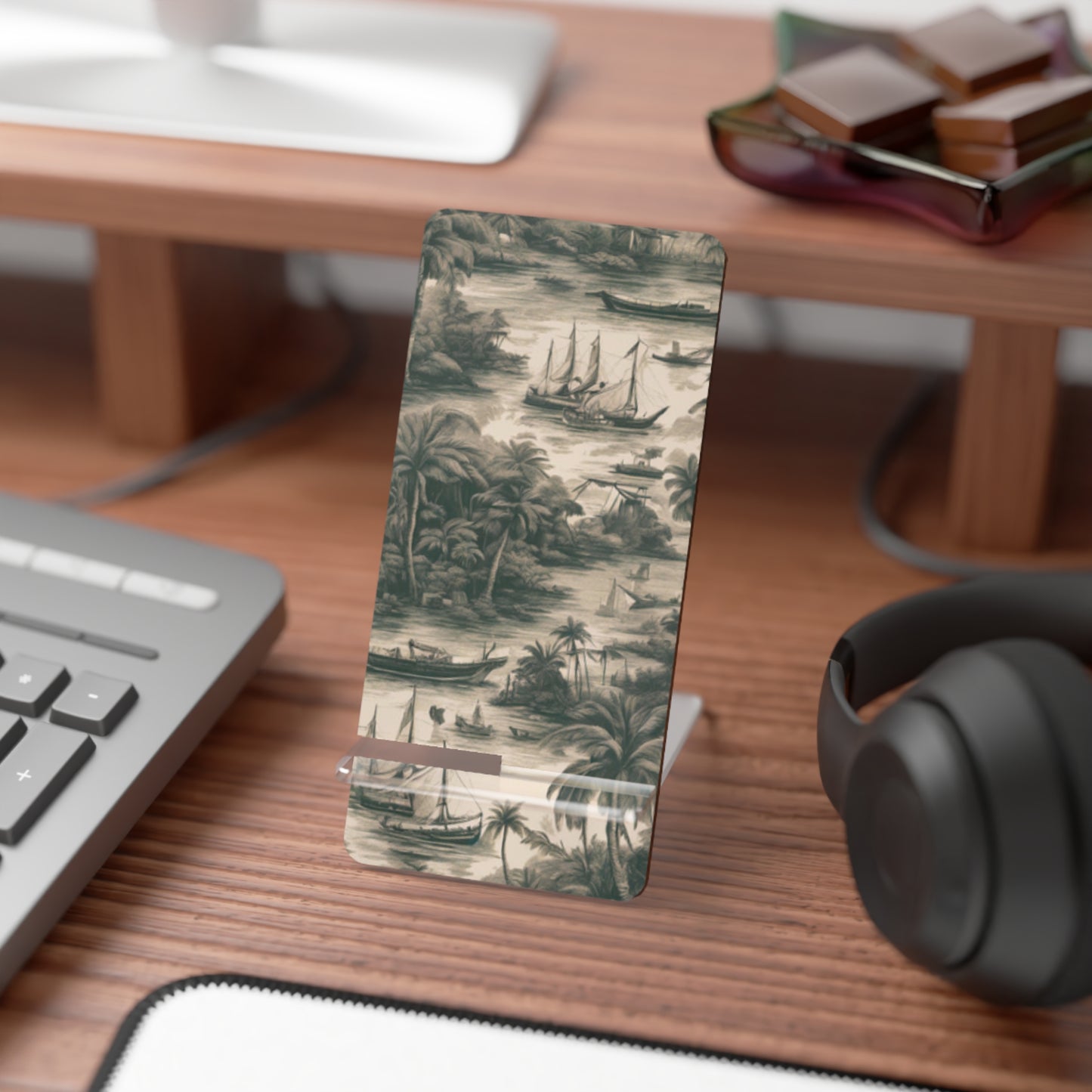 Mobile Display Stand for Smartphones, Tropical Toile #1 Black