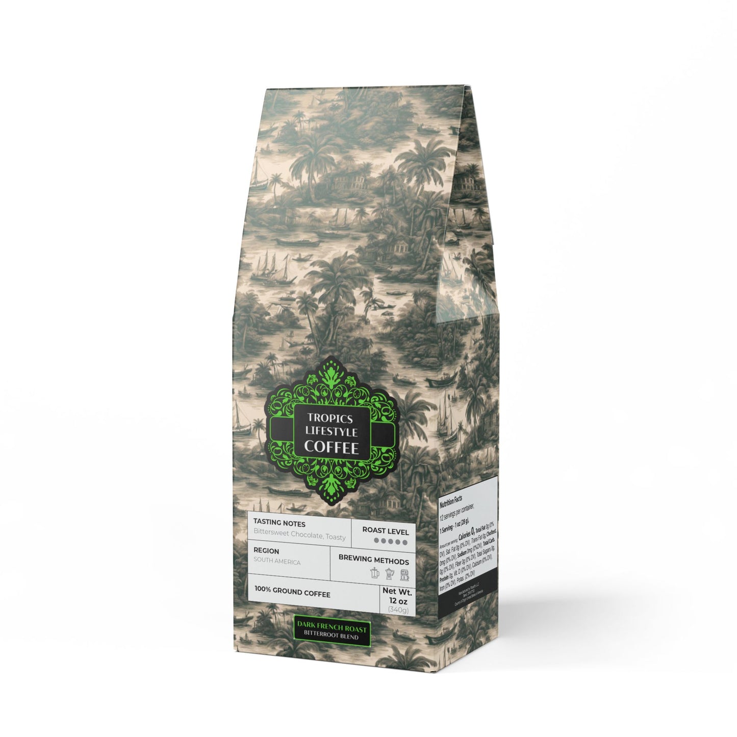 Black Coral Blend™ (Dark French Roast) Specialty Grade Craft Coffee / Tropical Toile, Soft Black