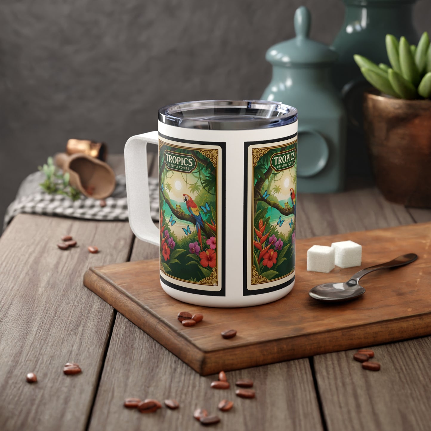 Tropical Insulated Coffee Mug, 10oz / Tropical Beach Logo