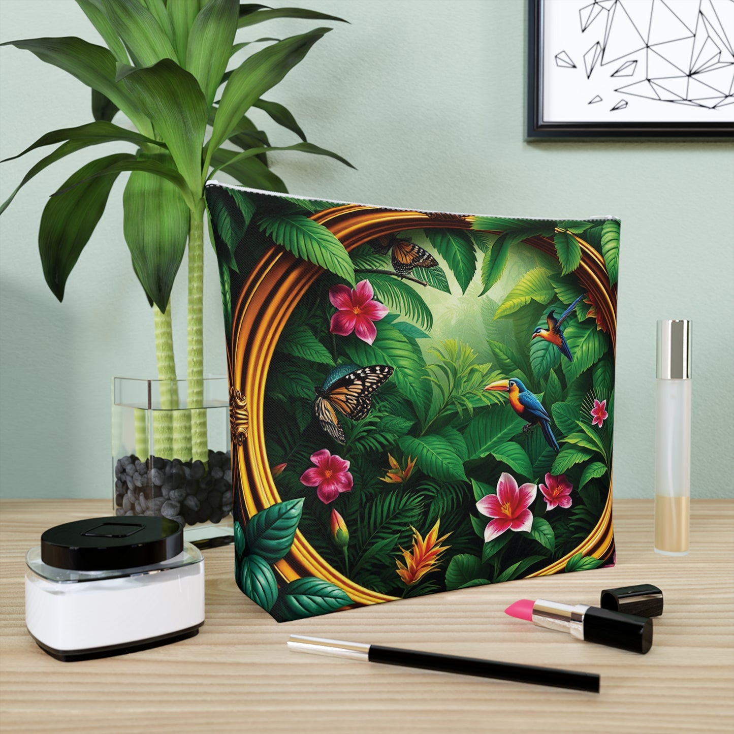 Tropical Cotton Cosmetic Bag - Makeup Pouch, 5 Sizes / Framed Rainforest