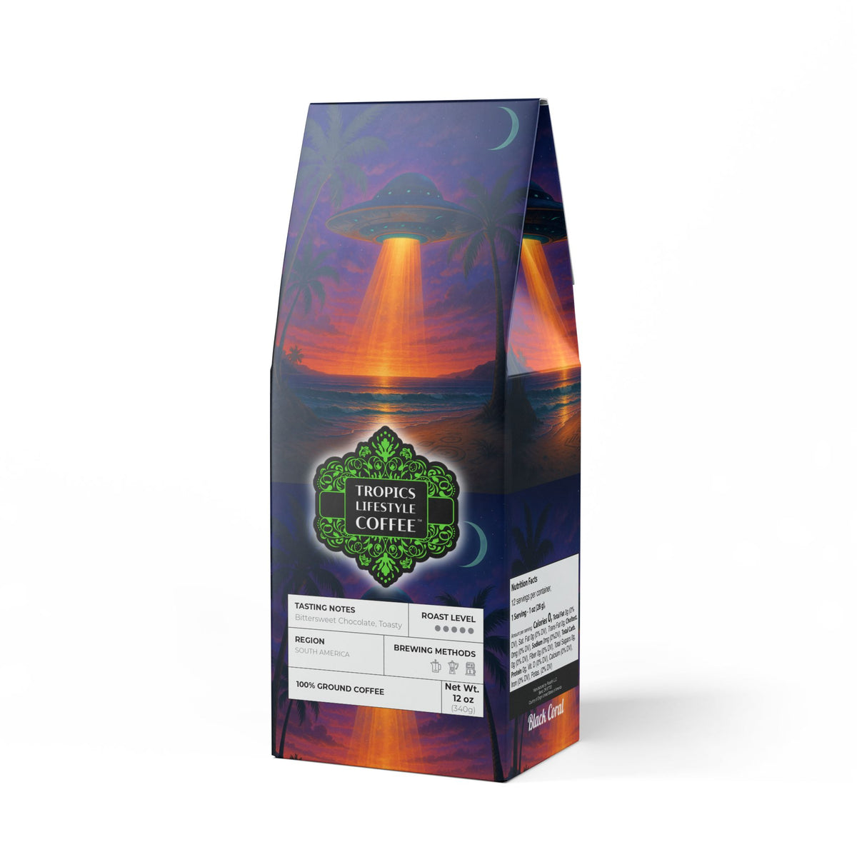 Black Coral Blend™ (Dark French Roast) Specialty Grade Craft Coffee / Beach UFO at Night