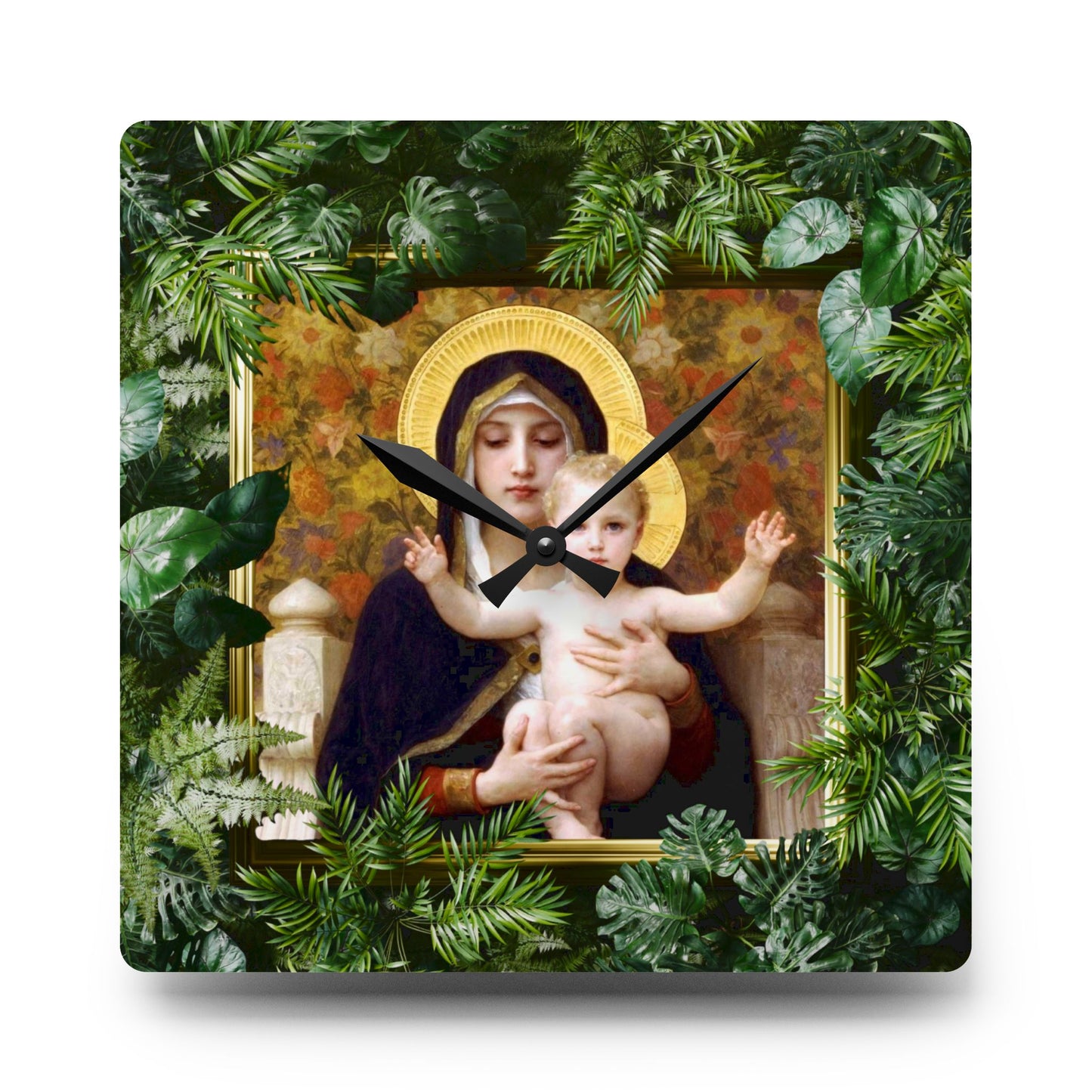 "Tropical Rainforest Madonna of Lilies" Acrylic Wall Clock - Elegant Religious Decor for Home and Office