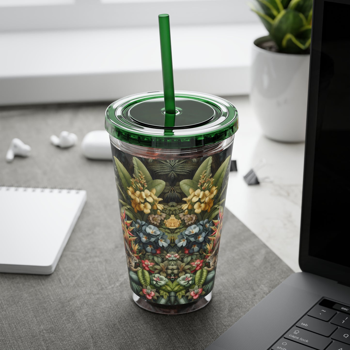 Tropical Tumbler with Straw | 16oz Colorful Travel Cup / Rainforest Rabbit Outing