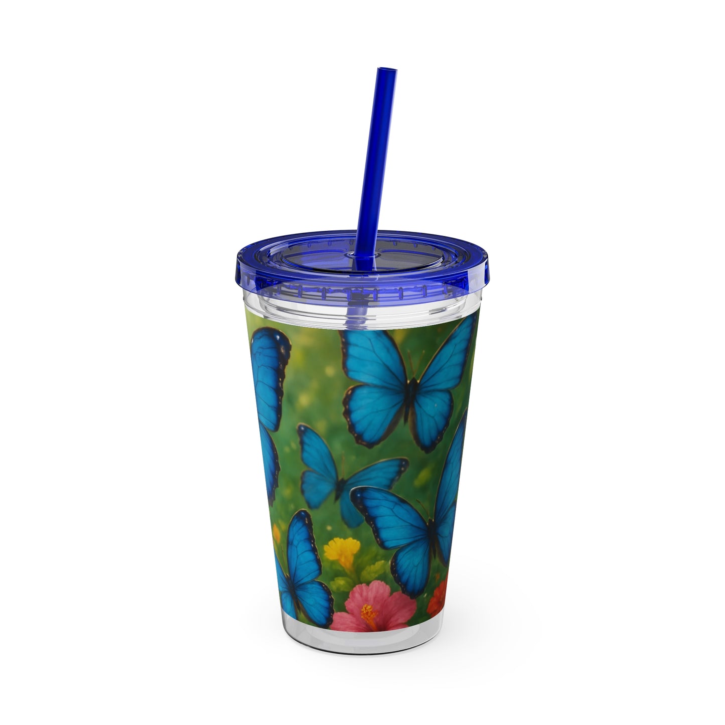 Tropical Tumbler with Straw | 16oz Colorful Travel Cup / Morpho Butterflies Flight