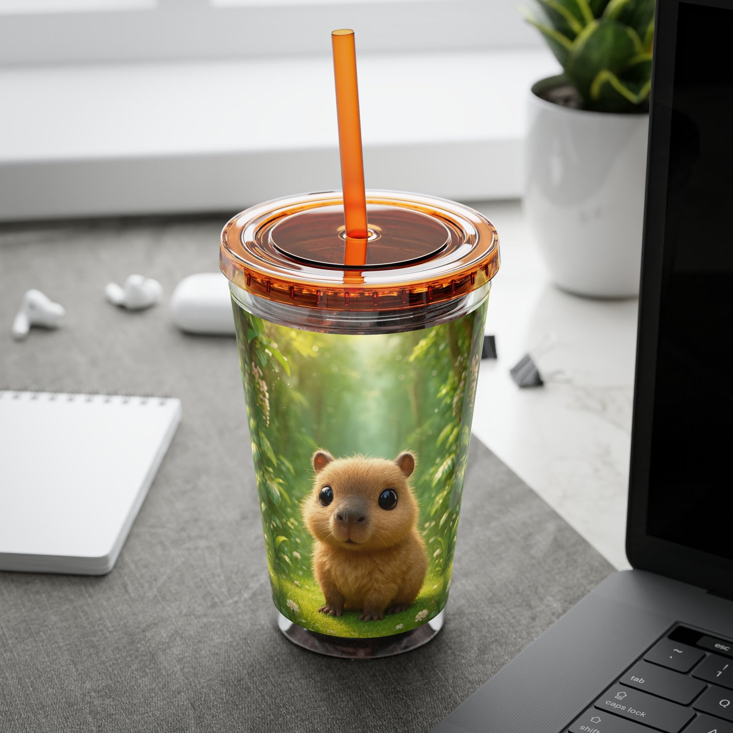 Tropical Tumbler with Straw | 16oz Colorful Travel Cup / Baby Cabybara