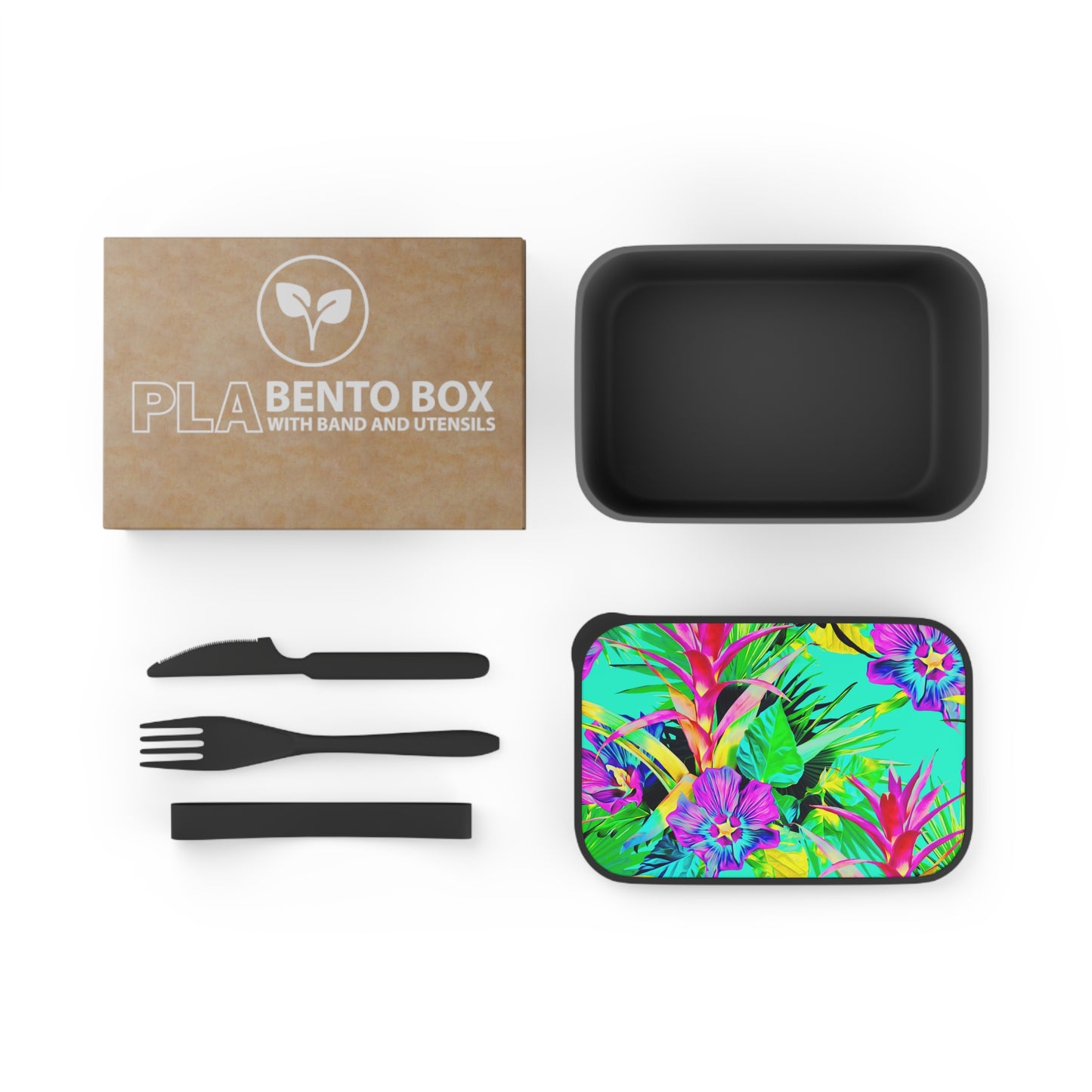 Bento Box with Utensils - Plant Palooza, turquoise