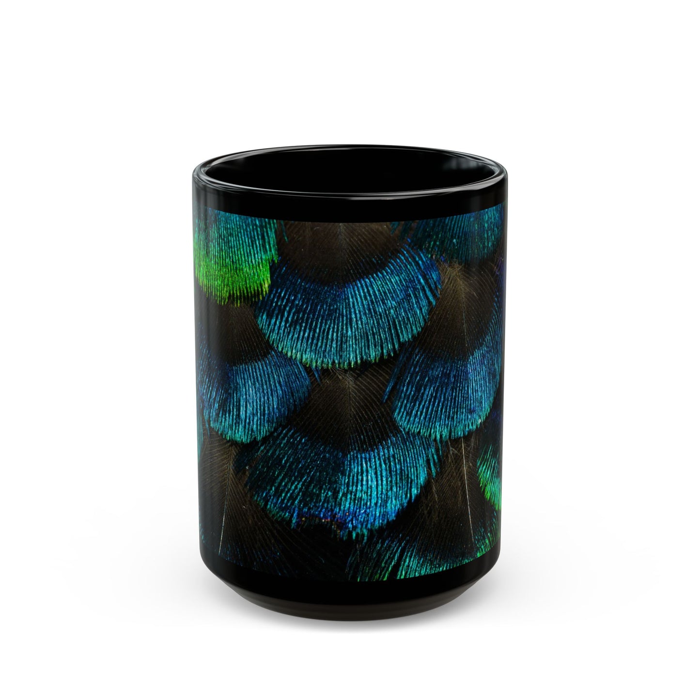 Vibrant Peacock Feathers Black Coffee Mug - Perfect for Nature Lovers