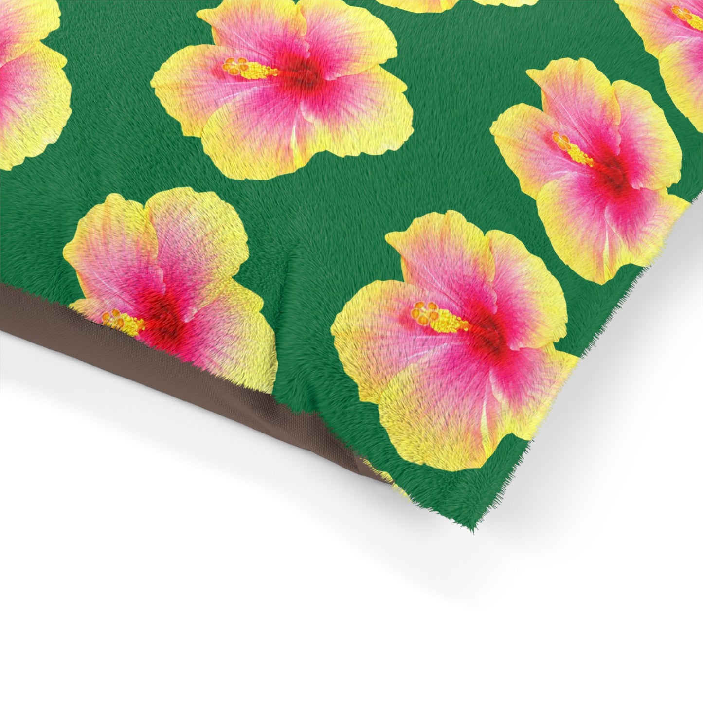Pet Bed - Cozy and Fun Dog or Cat Bed for Beach Lovers / Real Yellow & Pink Hibiscus/Dark Green