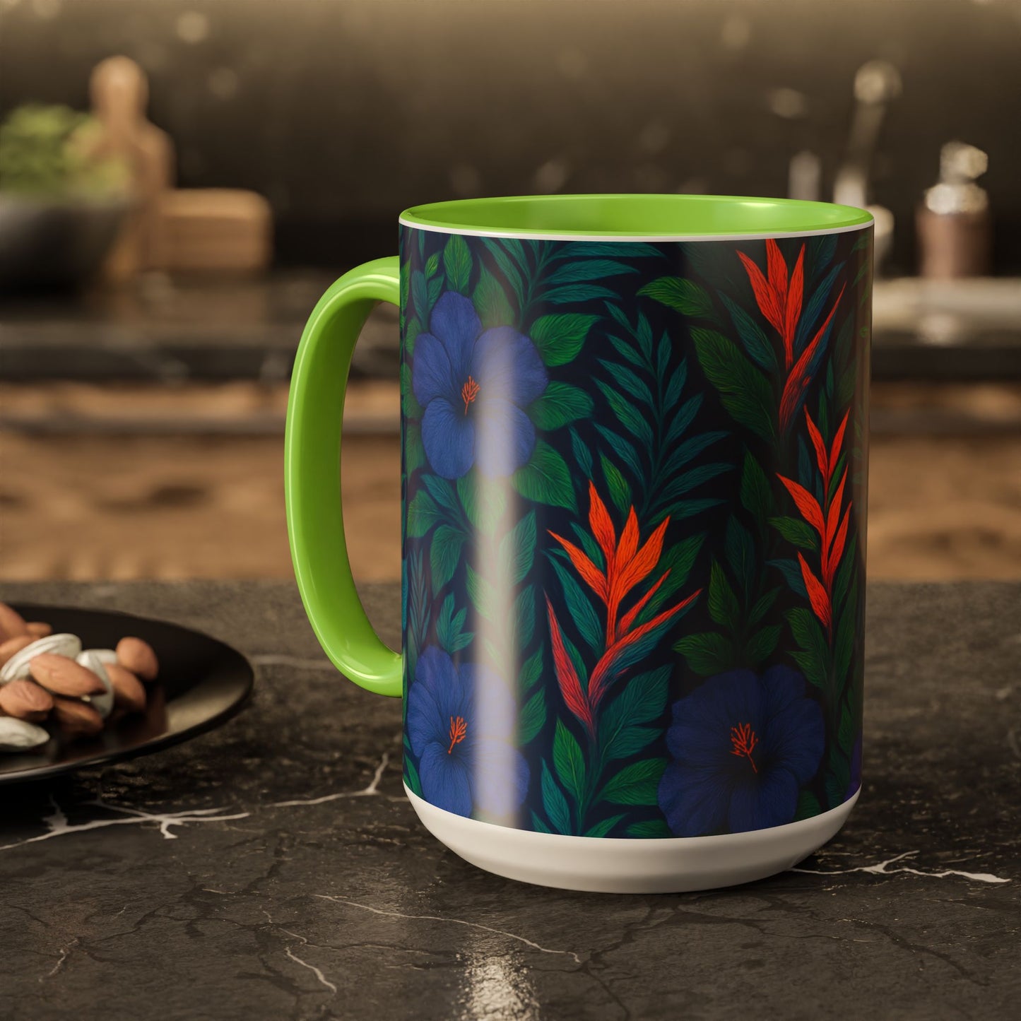 Vibrant Floral Coffee Mug - 11oz & 15oz / Midnight Flower Coral