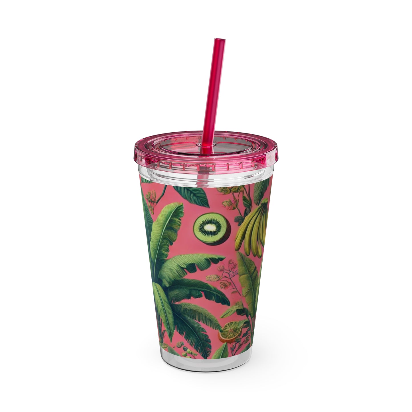 Tropical Tumbler with Straw | 16oz Colorful Travel Cup / More Tropical Fruit, Coral