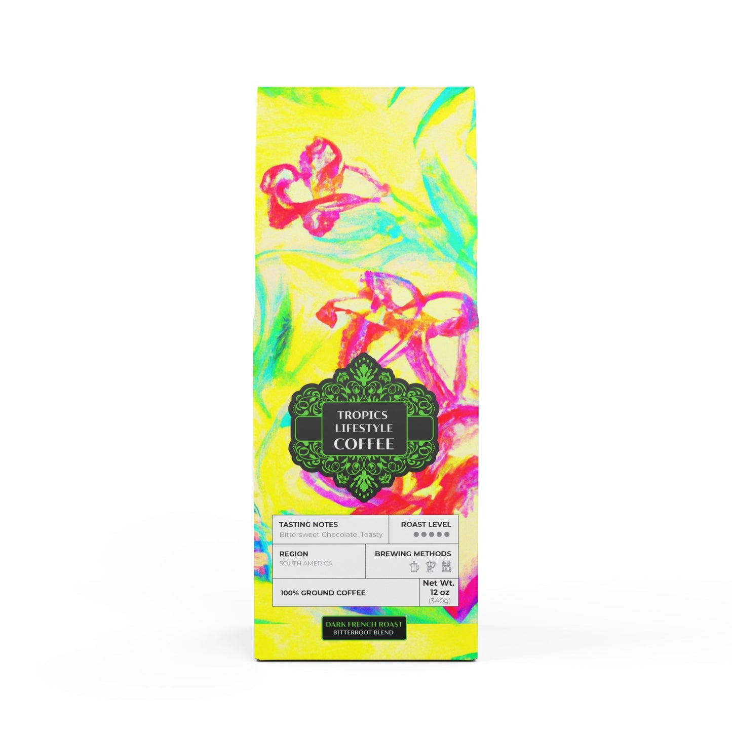 Black Coral Blend™ (Dark French Roast) Specialty Grade Craft Coffee / Tropical Doodles, Yellow