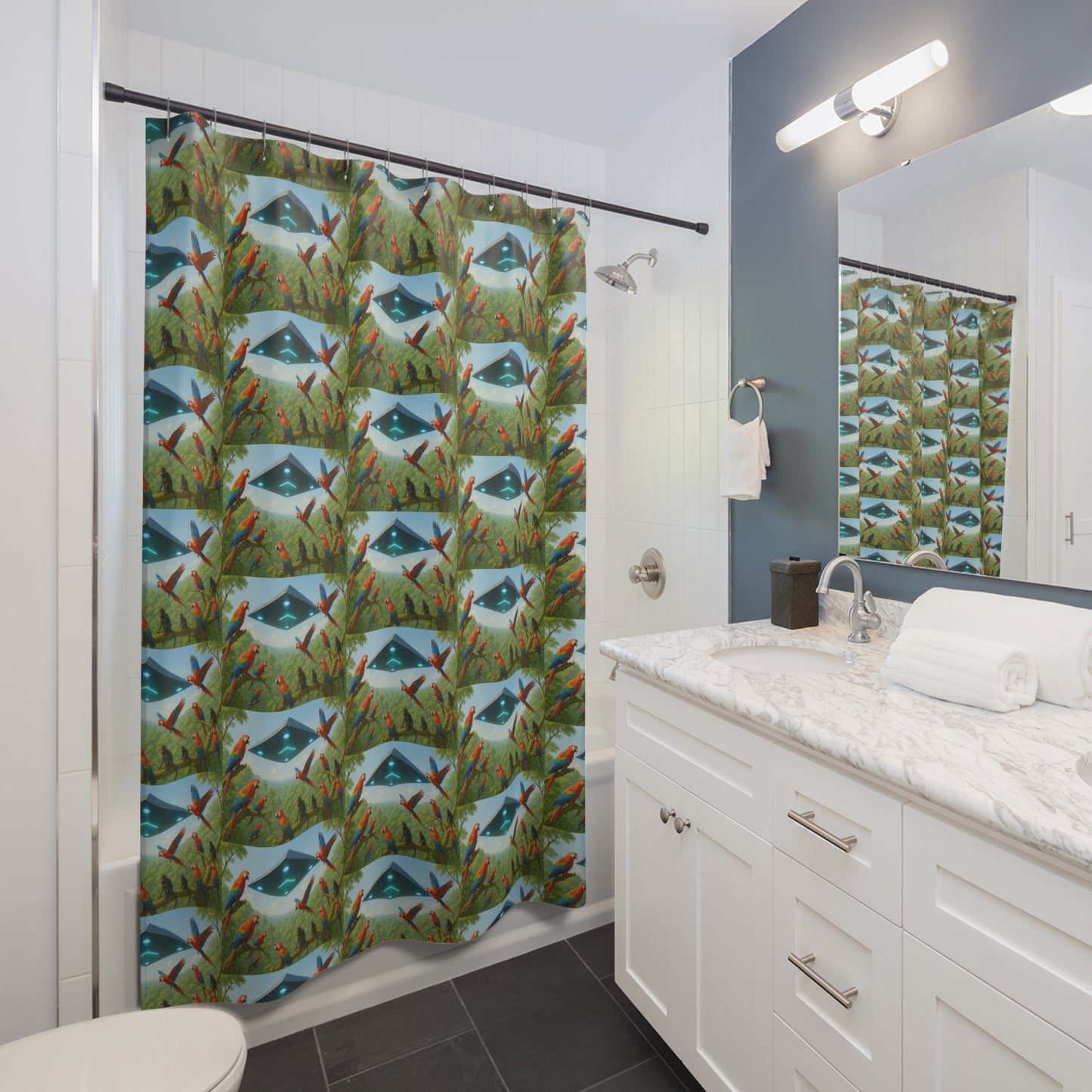 Tropical Shower Curtain - Rainforest Bathroom Decor / UFO and Macaws