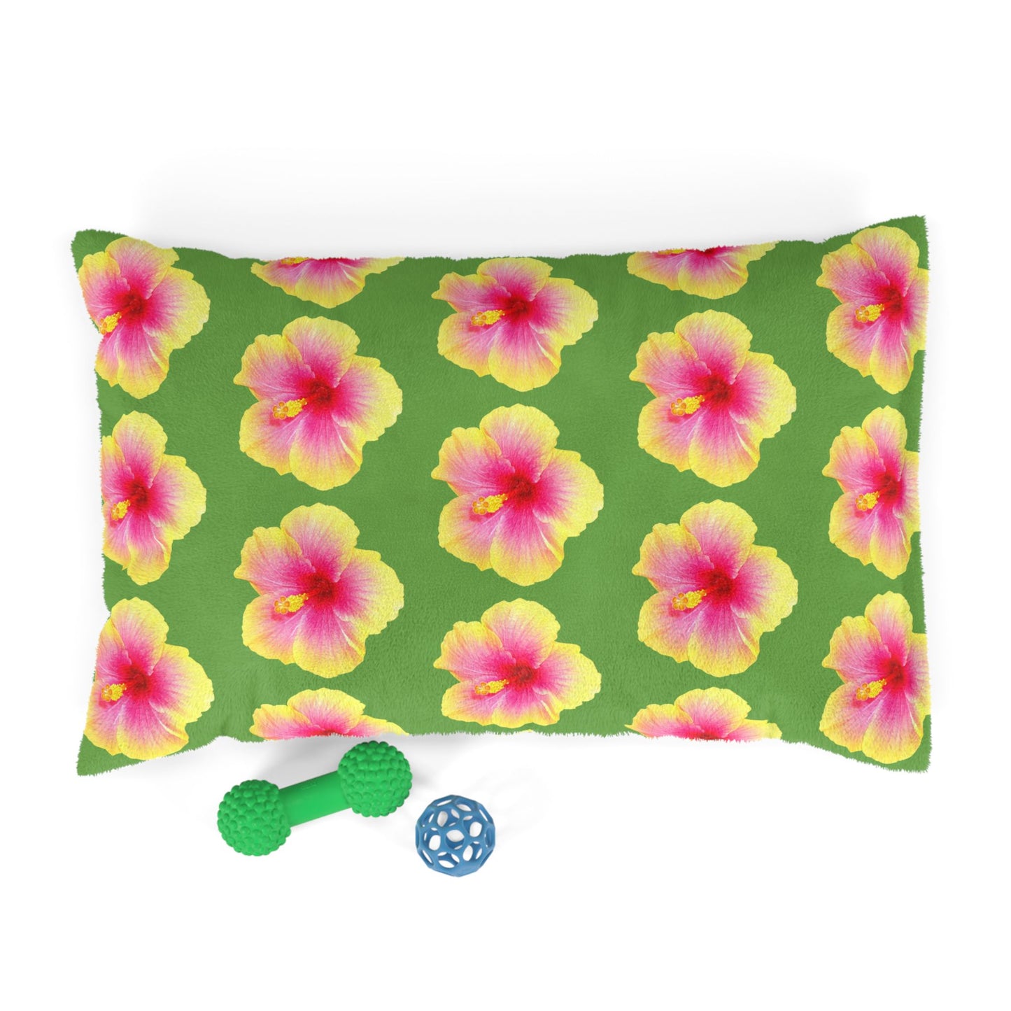 Pet Bed - Cozy and Fun Dog or Cat Bed for Beach Lovers / Real Yellow & Pink Hibiscus/Lt. Green
