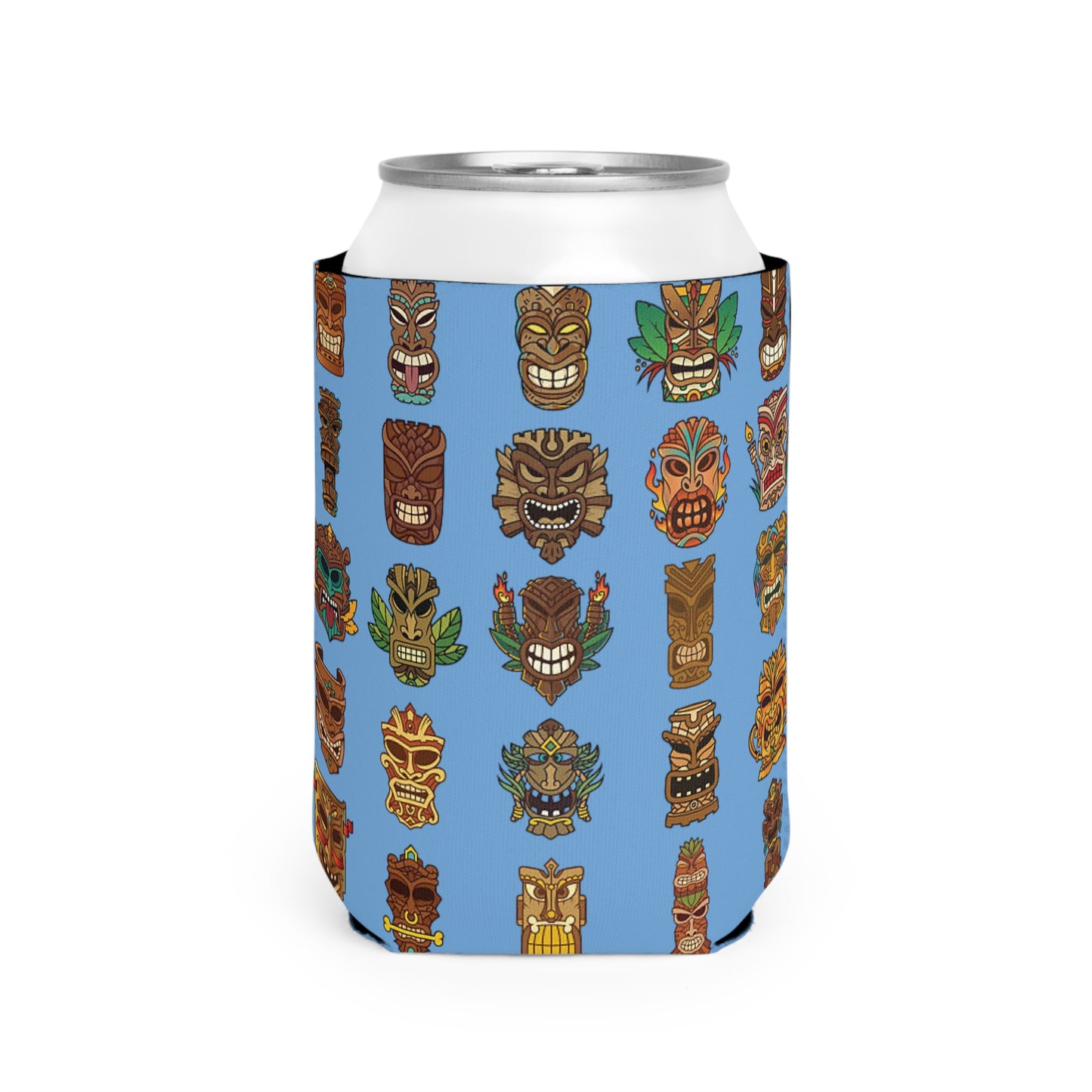 Tiny Tiki Dudes/Lt. Blue Can Cooler Sleeve - Perfect for Outdoor Picnics