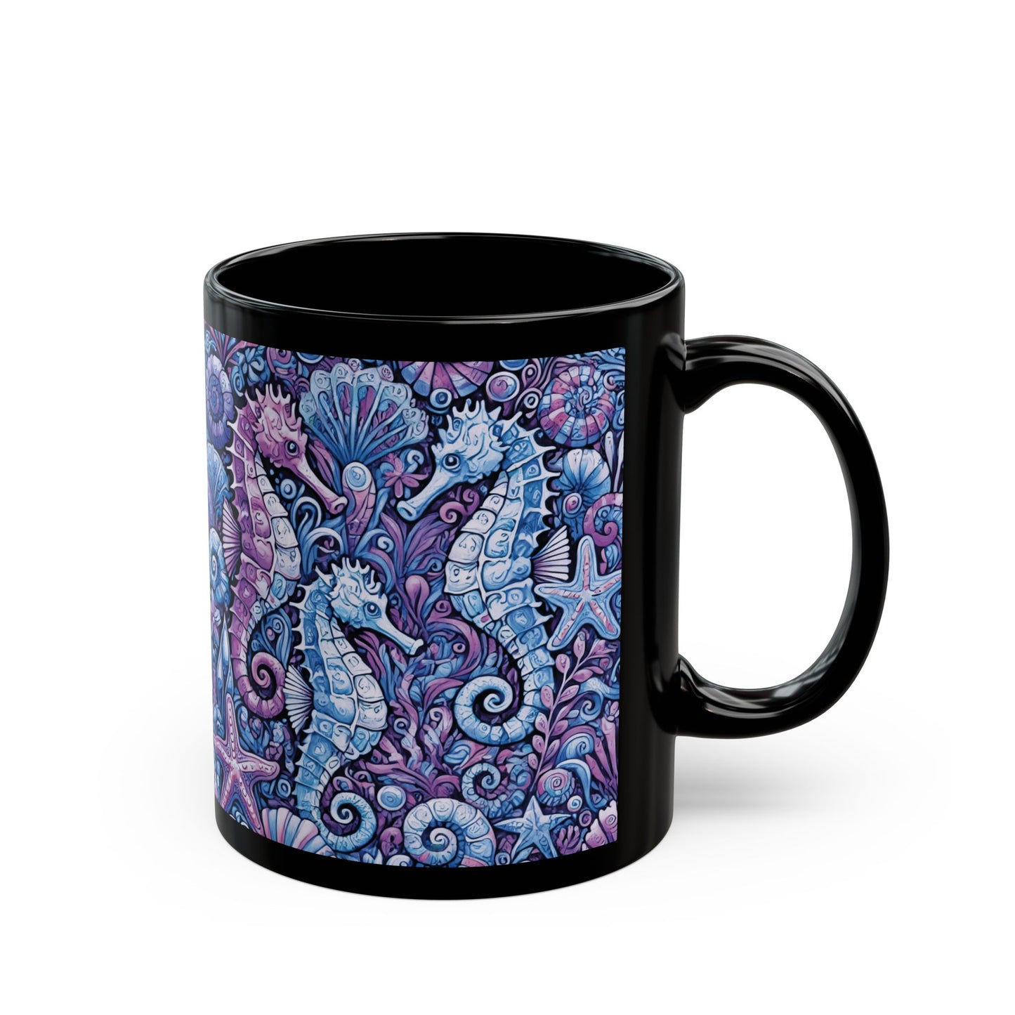 Black Coffee Mug - Seahorse Trio, Purple & Blue