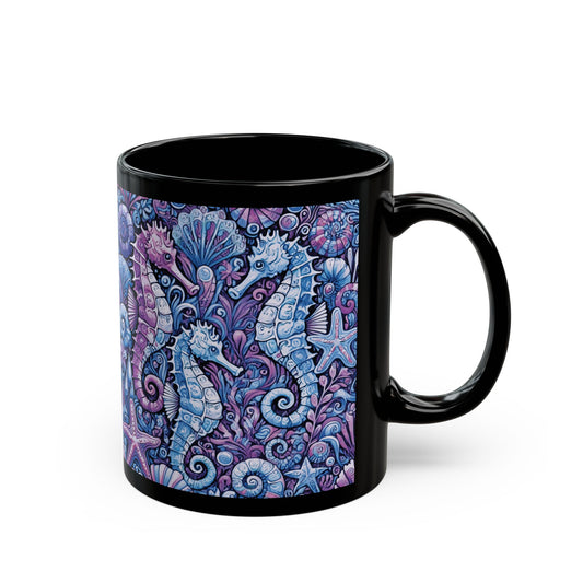 Black Coffee Mug - Seahorse Trio, Purple & Blue