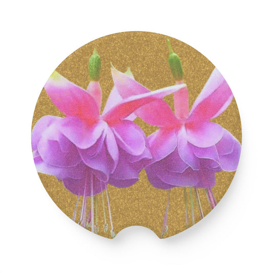 Soapstone Car Coaster - Two Fuchsias, Gold