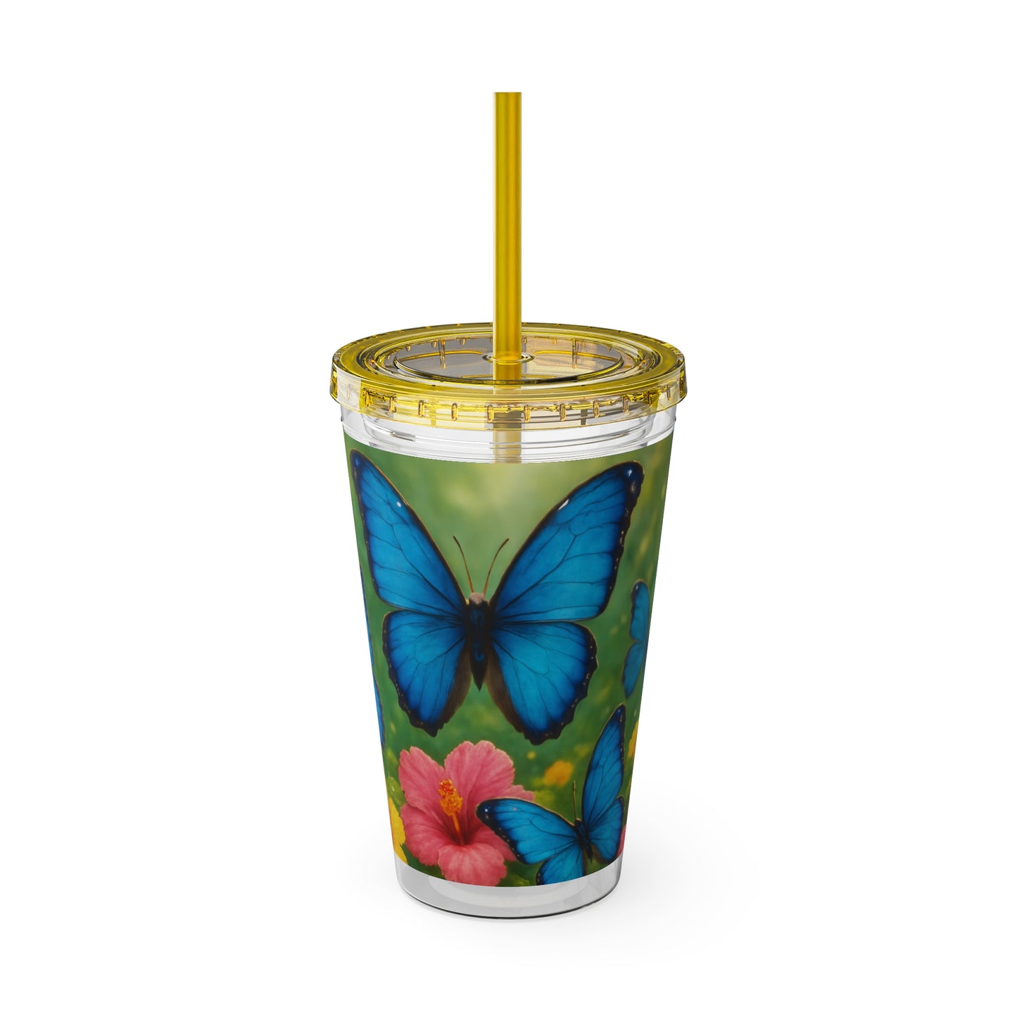 Tropical Tumbler with Straw | 16oz Colorful Travel Cup / Morpho Butterflies Flight