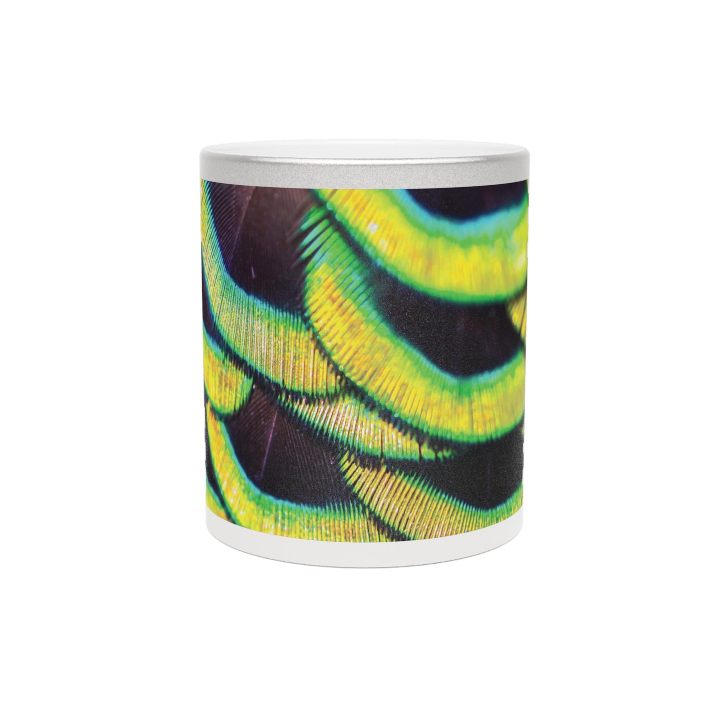 Colorful Flower Metallic Mug, Gold or Silver - Yellow Peacock Feathers