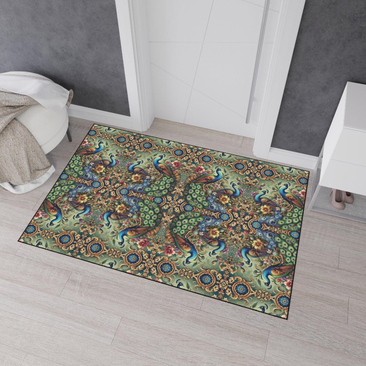 Heavy Duty Floor Mat, 5 Sizes – Tropical Area Rug for Home Décor / Kaleido Peacock Royals