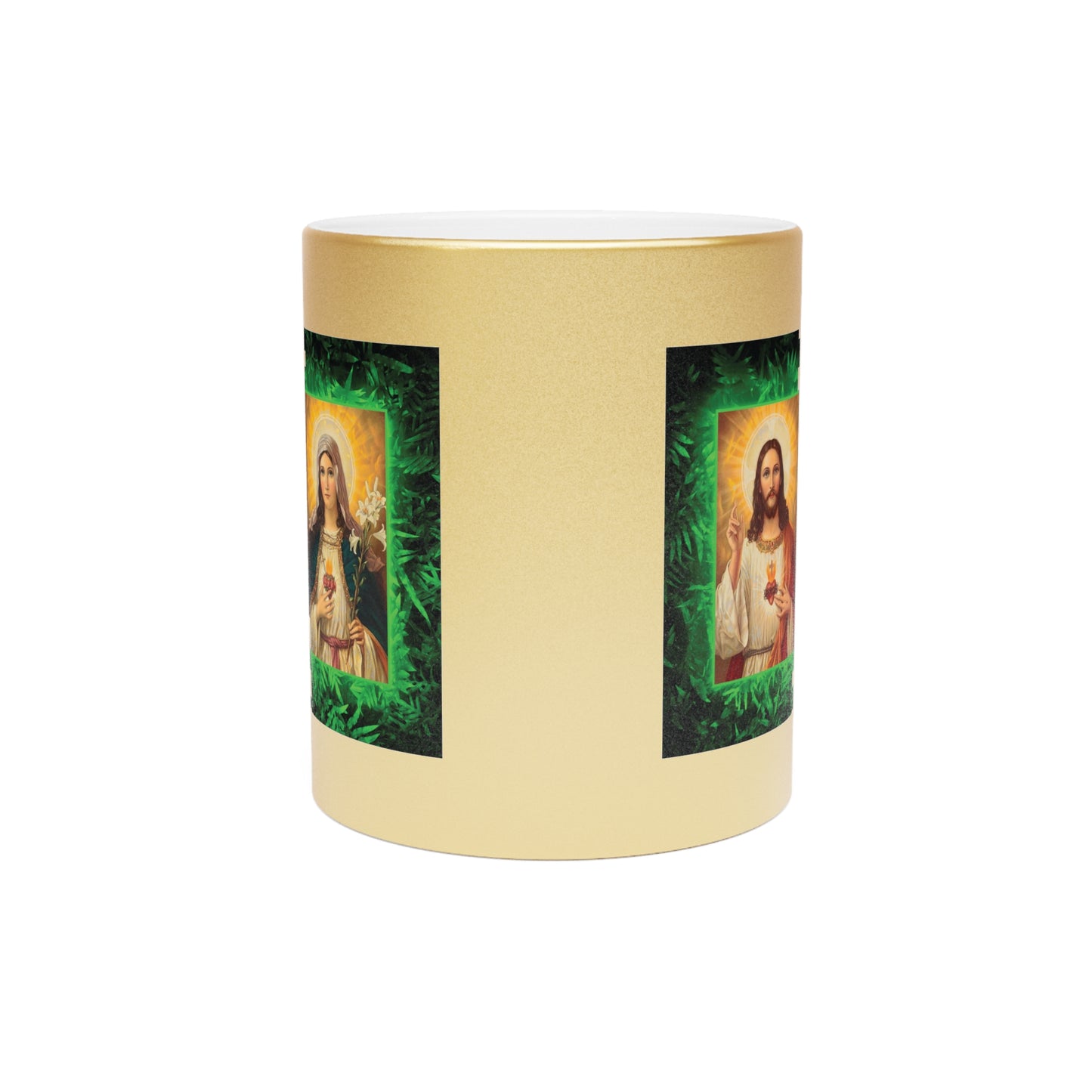 Religious Metallic Mug, Gold or Silver - "Tropical Glow Jesus and Mary"