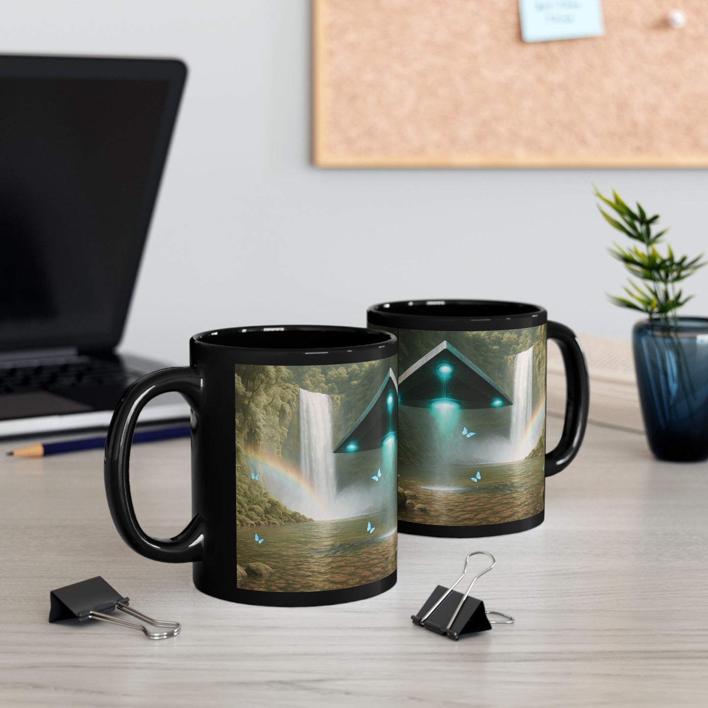Black Coffee Mug - UFO and Waterfall