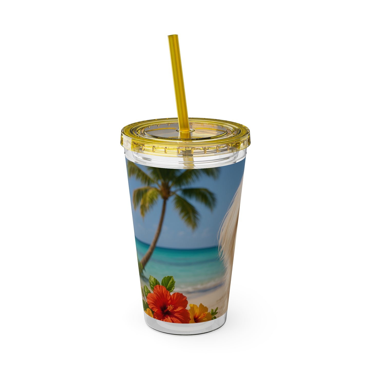 Tropical Tumbler with Straw | 16oz Colorful Travel Cup / Puppy Ariel at the Beach