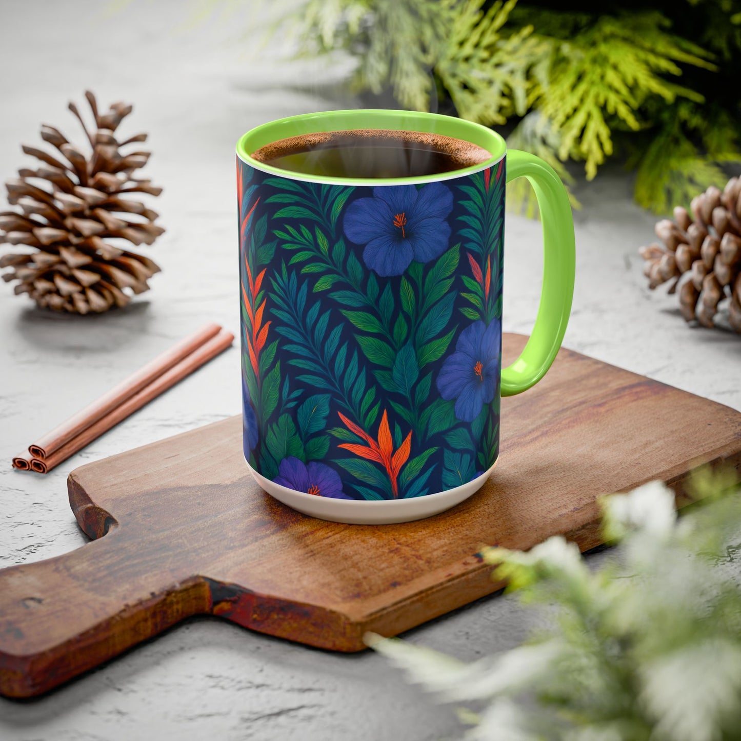 Vibrant Floral Coffee Mug - 11oz & 15oz / Midnight Flower Coral