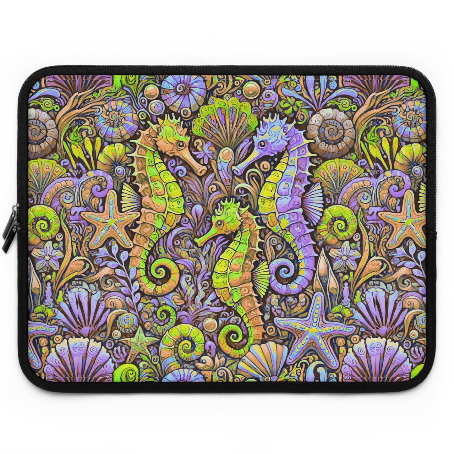 Tropical Laptop Sleeve, 5 Sizes - Perfect for Beach Lovers & Students / Seahorses, Yellow and Purple