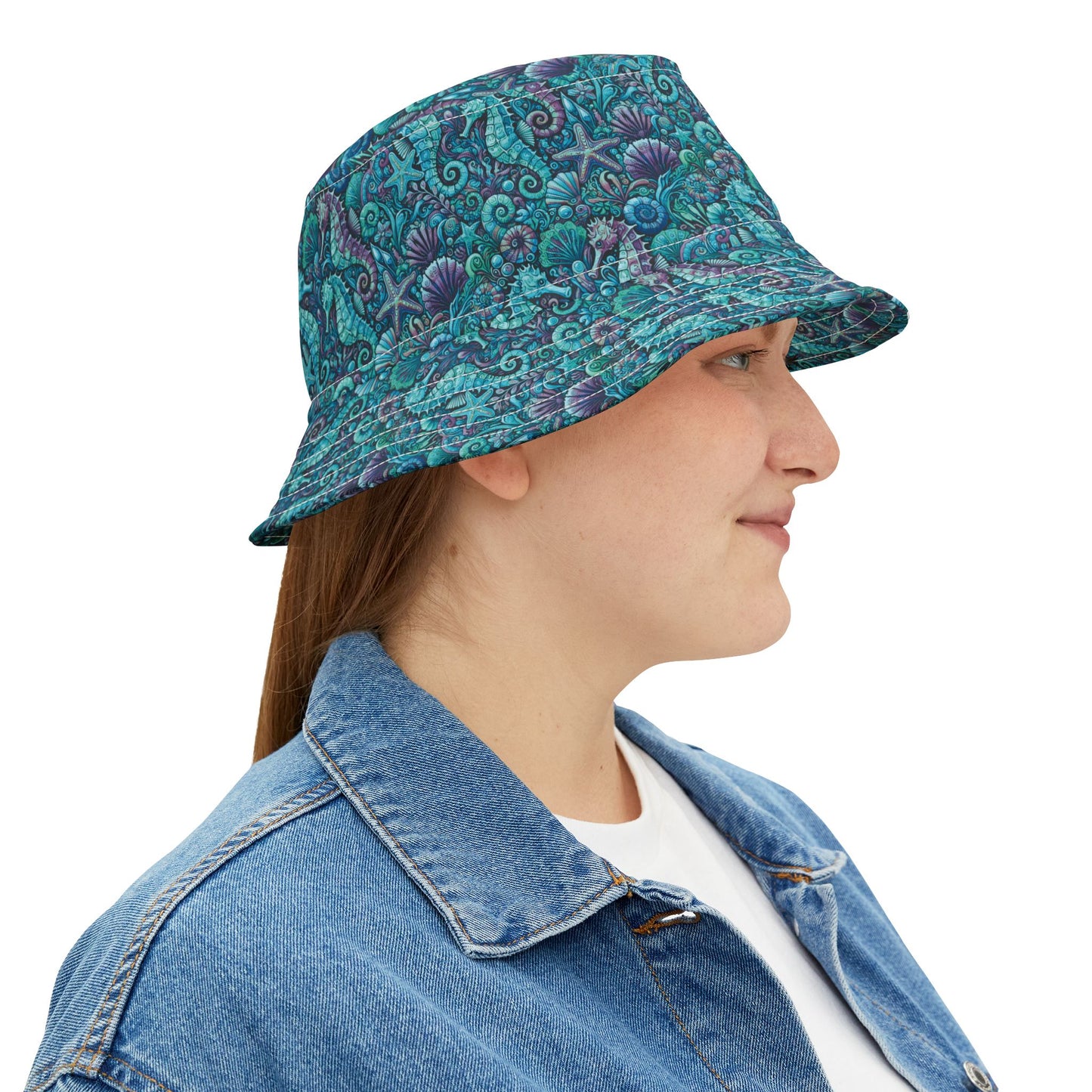 Tropical Polyester Bucket Hat, 2 Sizes - Seahorses Turquoise