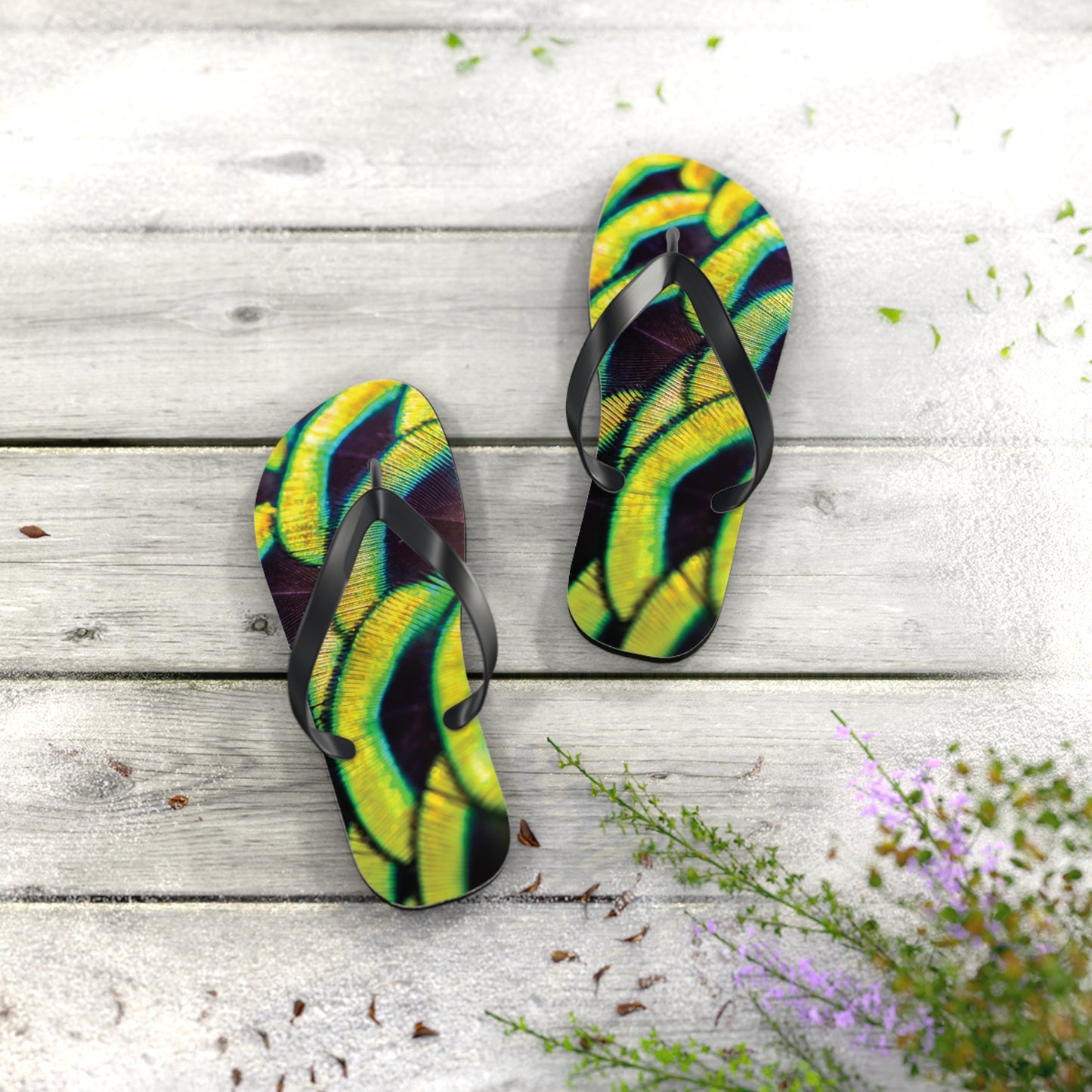 Flip Flops - Yellow Peacock Feathers