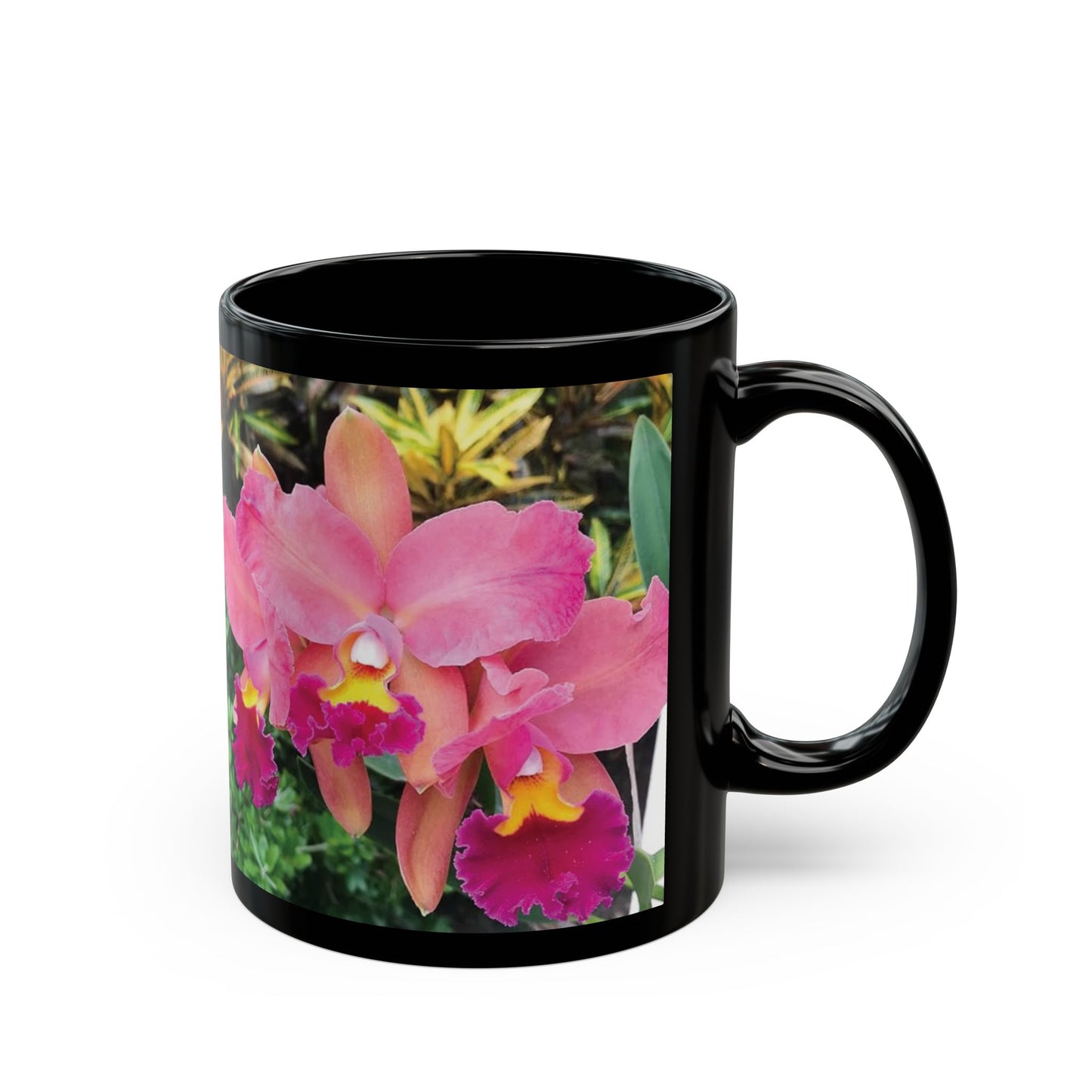 Black Coffee Mug - Triple Pink Orchids