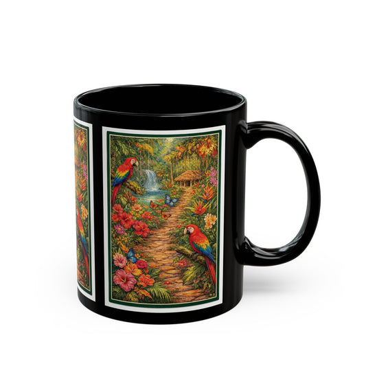 Tropical Parrot Black Mug — Colorful Jungle Scene Coffee Cup (11oz/15oz)
