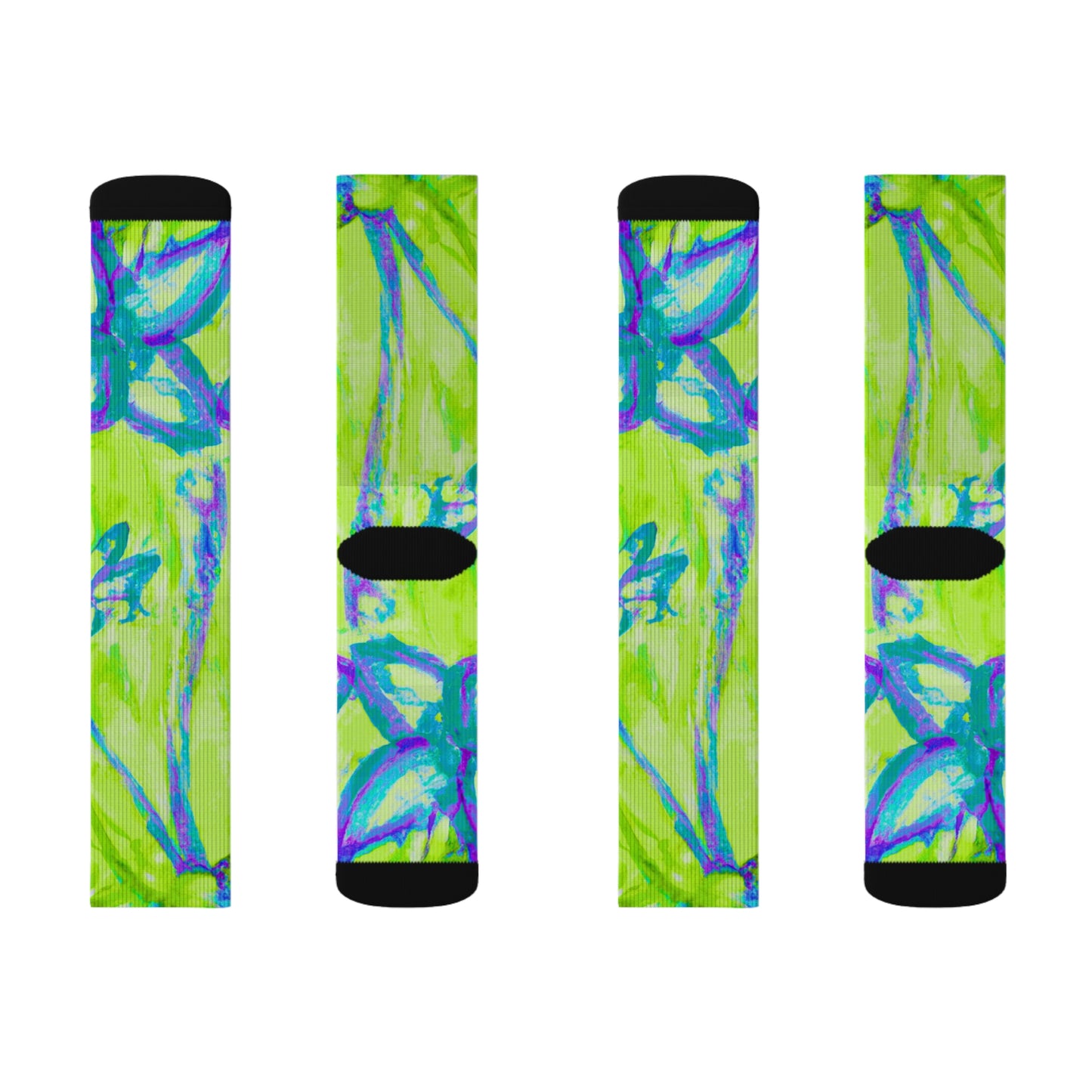 Lime Tropical Doodles Sublimation Fleece-Lined Socks - Colorful Palm Tree/Flower Design