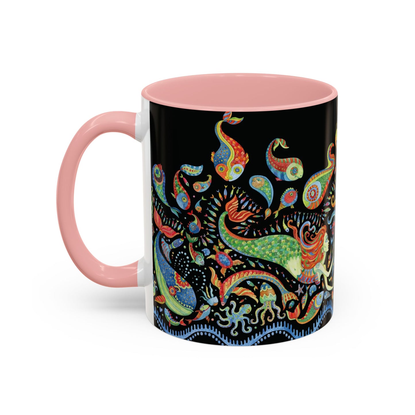 Mermaid Kingdom/Black, Coffee Mug, 8 Colors - Fun Tropical Drinkware for Beach Vibes