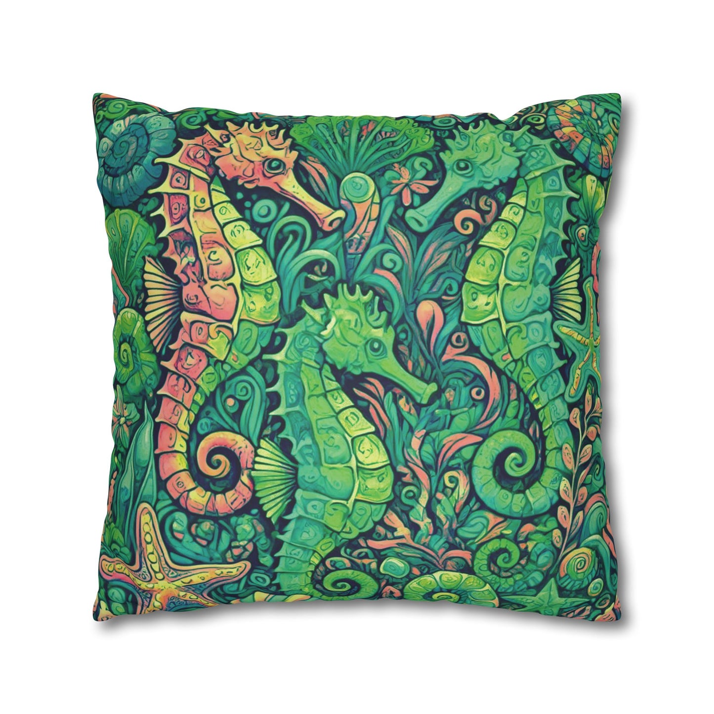 Faux Suede Square Pillowcase - Seahorse Trio/Hot Lime
