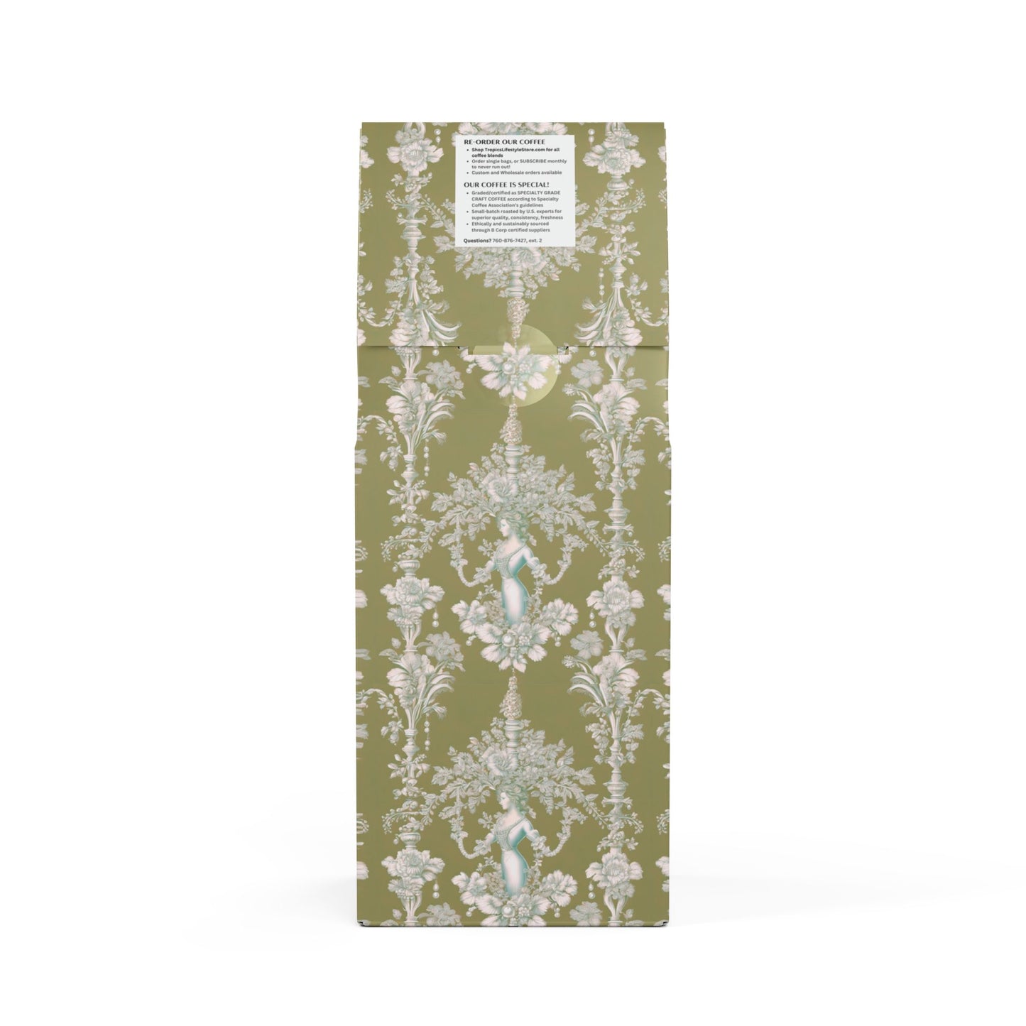 Rainforest Mist™ Single Origin DECAF (Medium Roast), Specialty Grade Craft Coffee / Pearl Lady Toile, Highborn Green