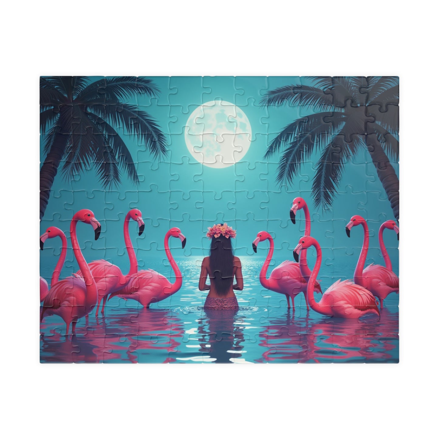 Moonlit Mermaid and Flamingos Troical Puzzle, 4 Sizes - Relaxing Jigsaw for Island Vibes