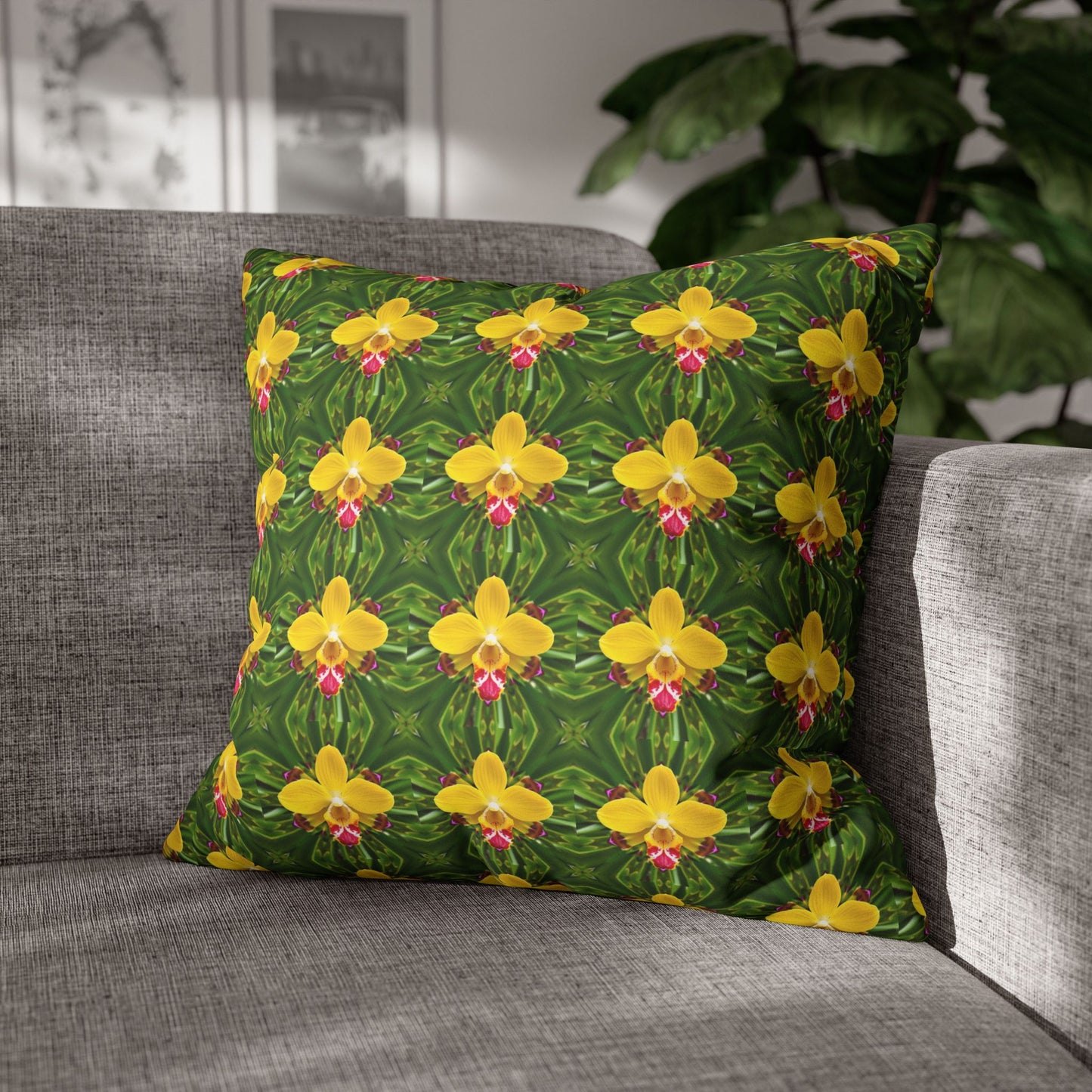 Faux Suede Square Pillowcase - Yellow Orchid Kaleidoscope