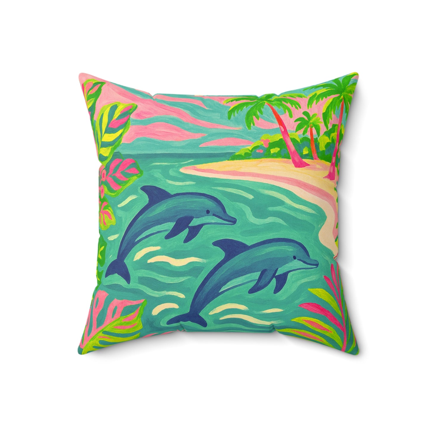 Tropical Pillow, 4 sizes - Colorful Spun Polyester Square Cushion / Jumping Dolphins