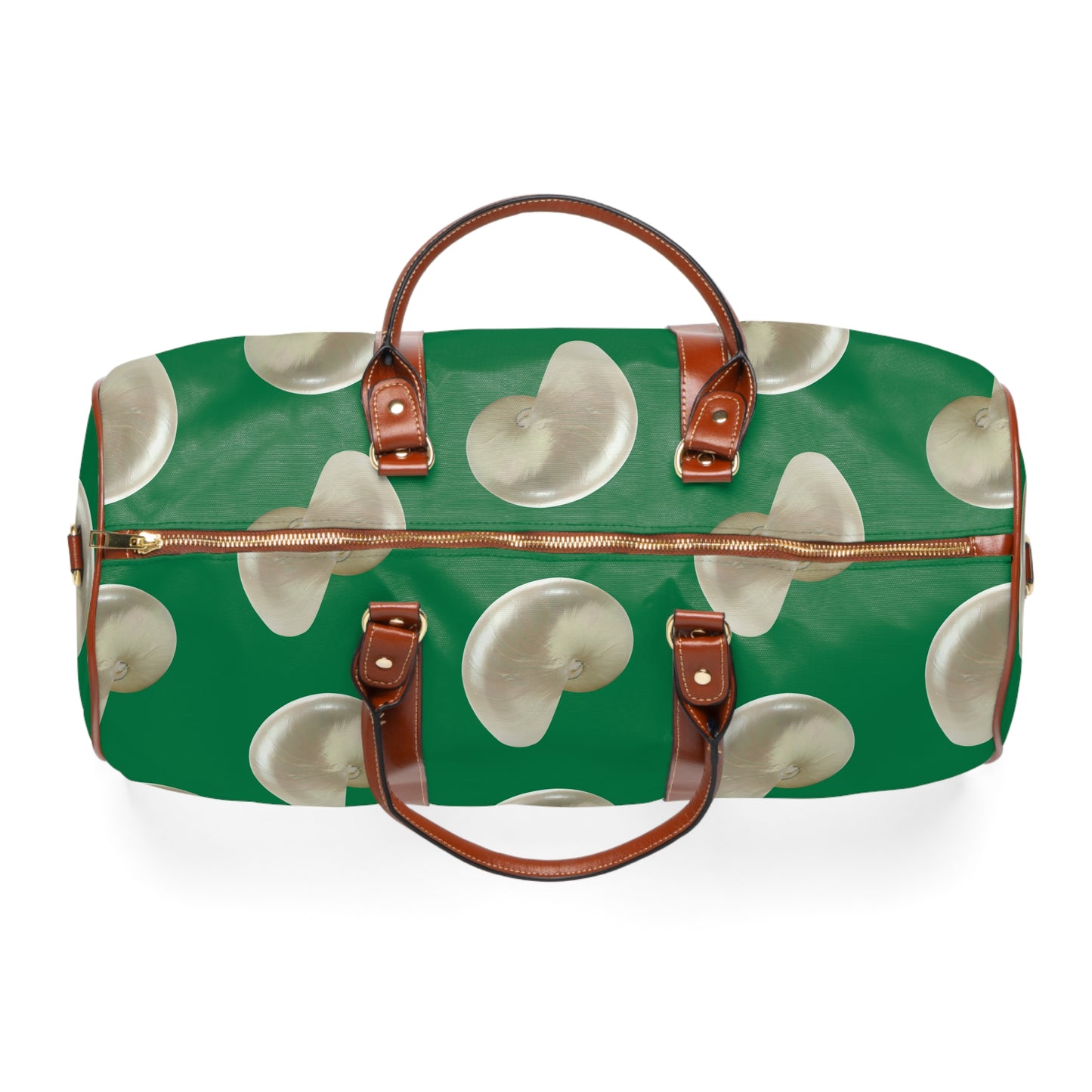 Tropical Waterproof Travel Bag - Perfect for Beach Getaways / Real White Nautilus Shells, Dark Green