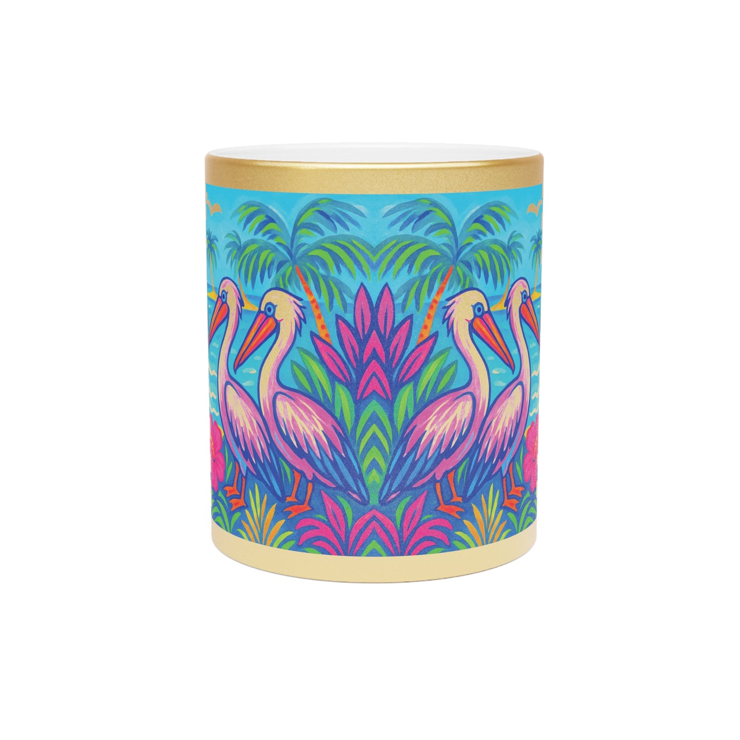 Tropical Metallic Mug, Gold or Silver: Beach Pelicans