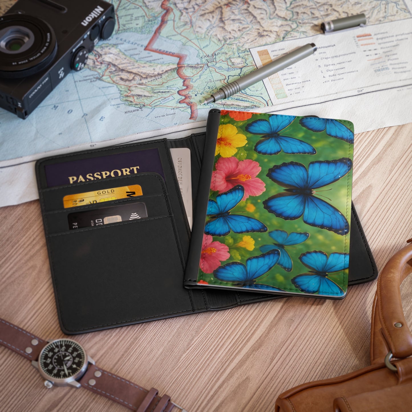 Tropical Passport Cover, Faux Leather - RFID blocking for travel security / Morpho Butterflies Flight