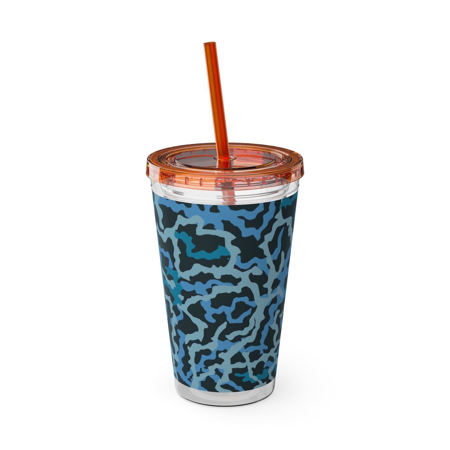 Tropical Tumbler with Straw | 16oz Colorful Travel Cup / Coral Threads, Blue