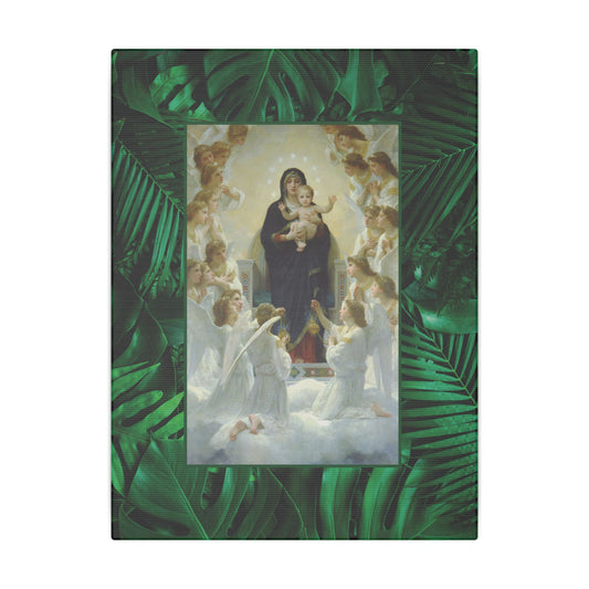 "Tropical Rainforest Our Lady With Angels" Religious Canvas Artwork - Stretched Canvas Print / Virgin Mary & Jesus