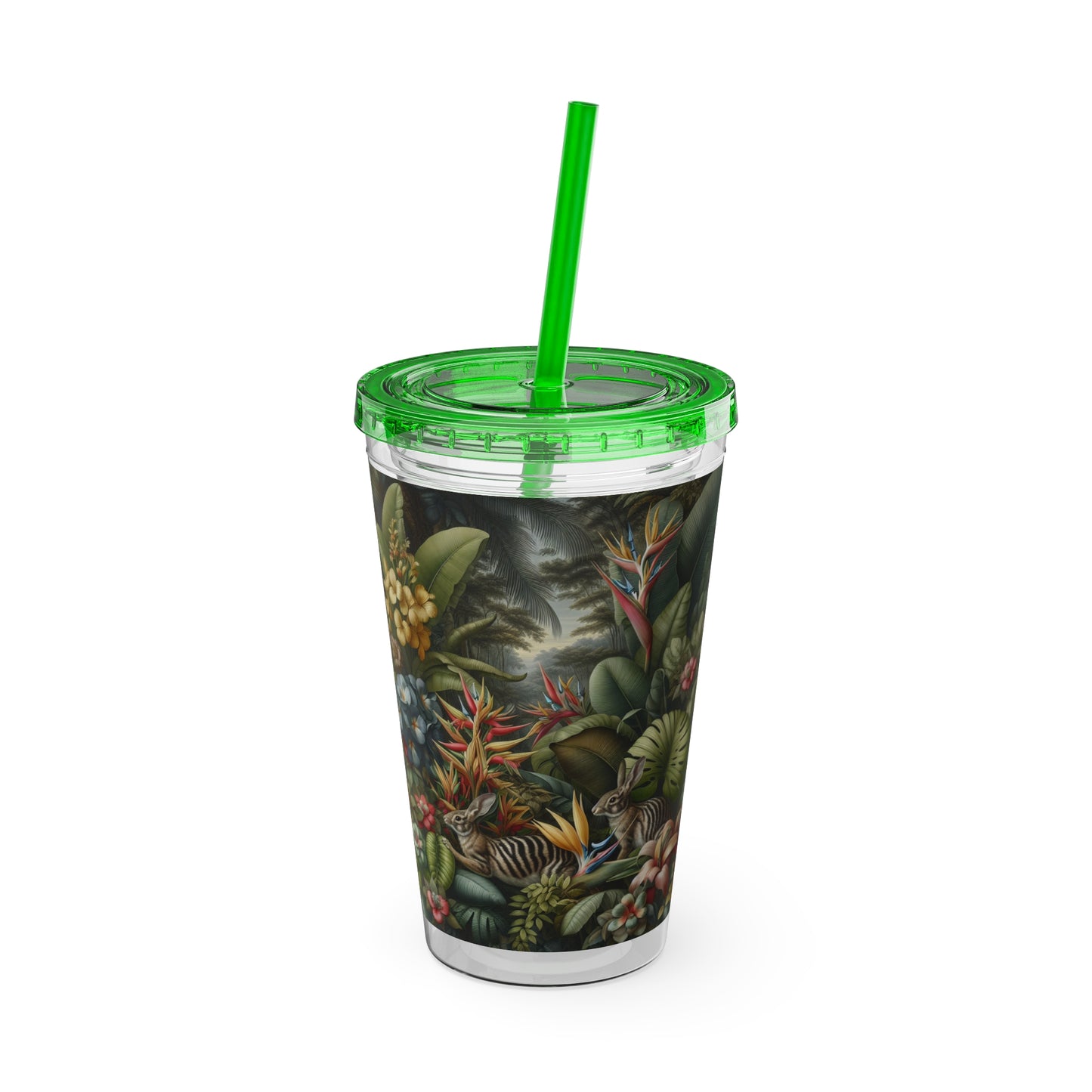 Tropical Tumbler with Straw | 16oz Colorful Travel Cup / Rainforest Rabbit Outing