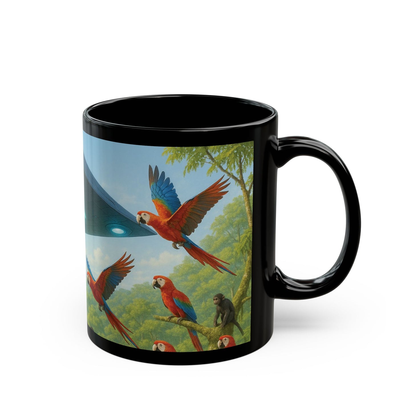 Black Coffee Mug - UFO and Macaws, Full View