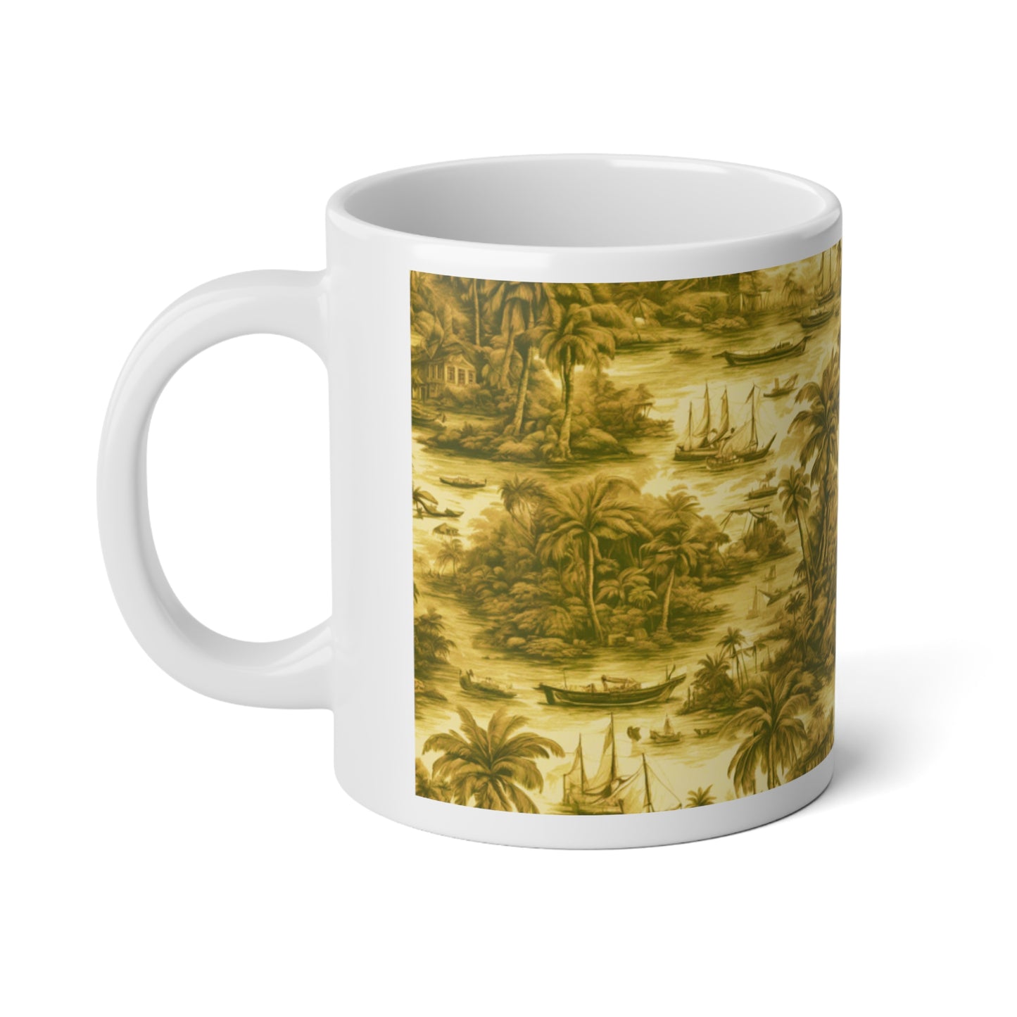 Jumbo Mug, 20oz, Tropical Toile, Gold | Tropical Coffee Cup, Gift for Ocean Lovers
